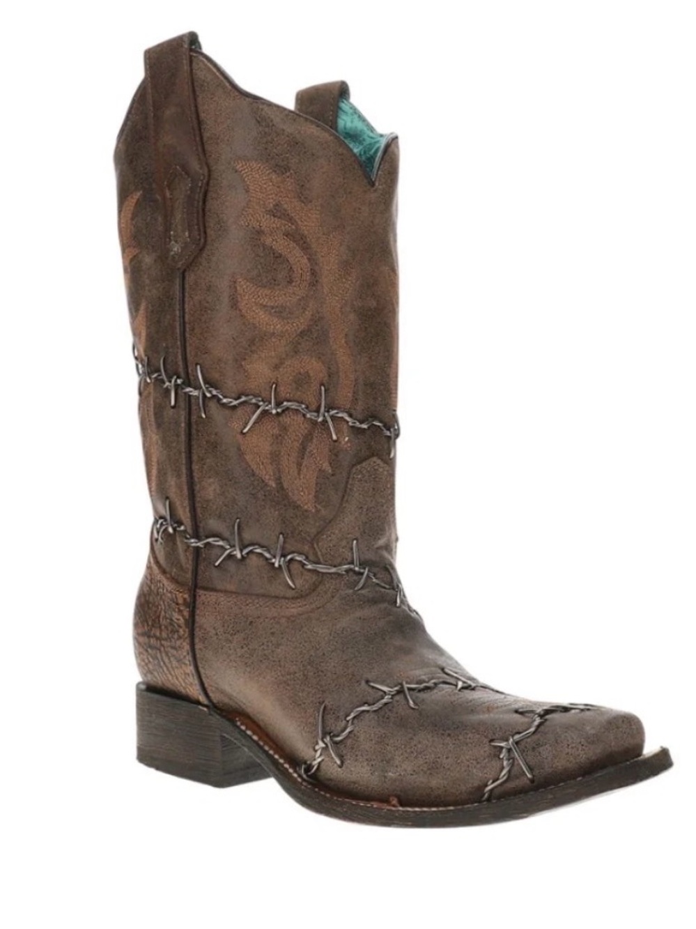 Corral Women’s Brown Barbed Wire Cowboy Boots with Turquoise Lining